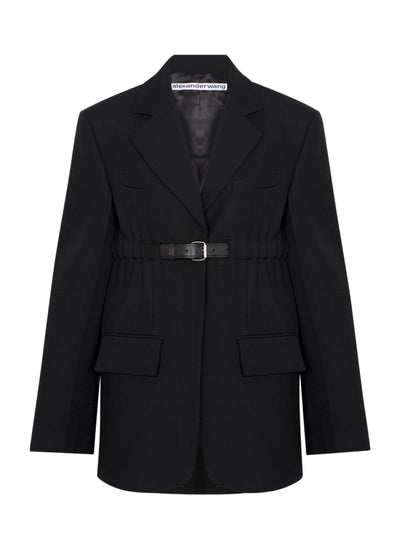 Blazer With Integrated Leather Belt Below Bust (Black)