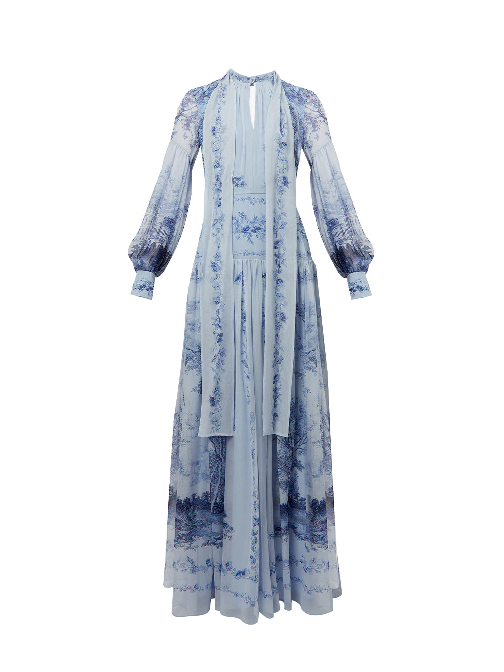 Blouson Sleeve With Neck Tie Gown (Sky Blue)
