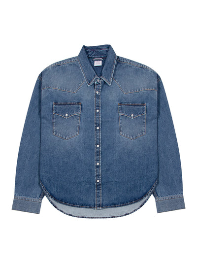 Boxy Cropped Denim Shirt (Mid Blue)