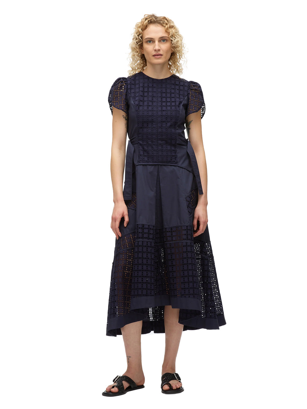 Broiderie Anglaise Grid Tulip Dress (Navy)