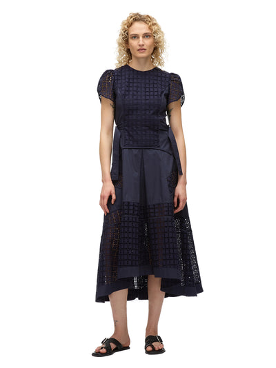 Broiderie Anglaise Grid Tulip Dress (Navy)