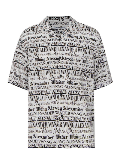 Button Down Camp Shirt W/ Newspaper Print (White/Black)