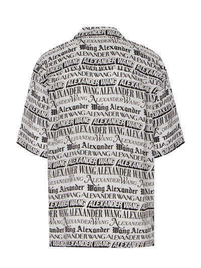 Button Down Camp Shirt W/ Newspaper Print (White/Black)