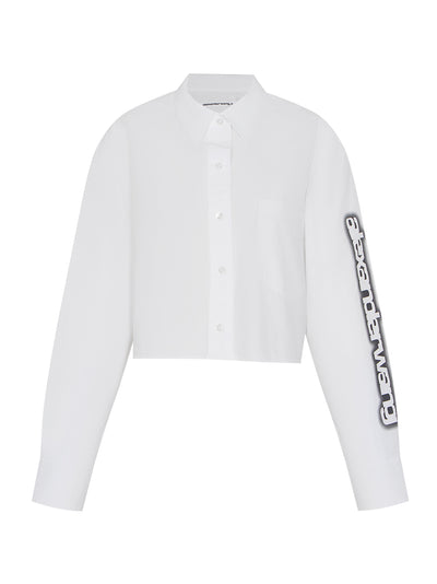 Button Down Cropped Shirt With Halo Glow Print (White)