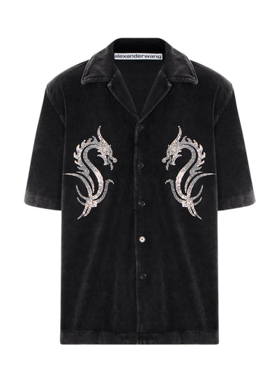 Button Down Shirt W/ Crystal Dragon Hotfix Washed Pepper