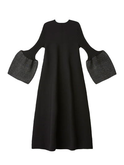 Pottery Glitter Long Bell Sleeve Flare Dress Black-Silver