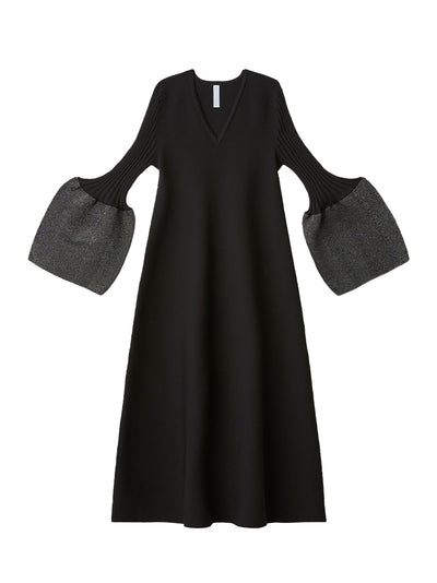 Pottery Glitter Long Bell Sleeve Flare Dress Black-Silver