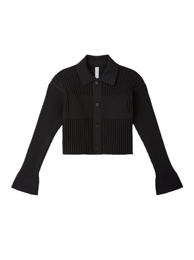 Fluted Cropped Shirt Cardigan (Black)