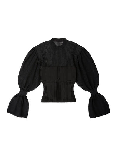 Fluted Lucent Glitter Marie Sleeve Top (Black-Black)