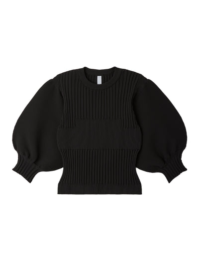 Fluted Short Puff Sleeve Cropped Top (Black)