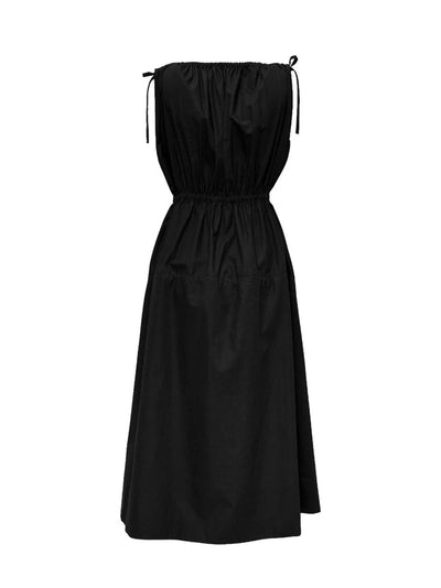Peach Cotton Poplin Sleeveless Gathered Dress (Black)