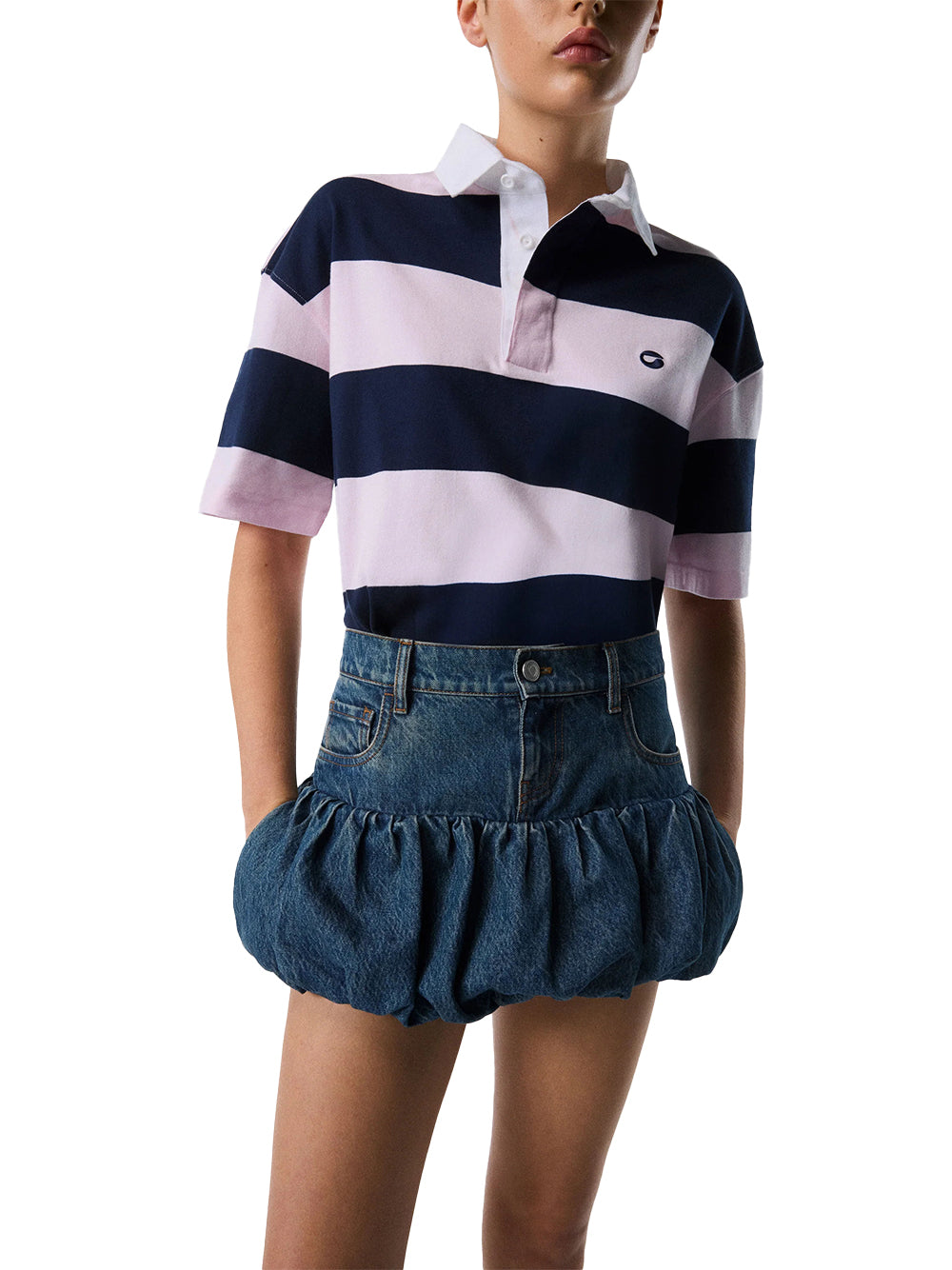 Gathered Hem Denim Mini Skirt (Blue Vintage)