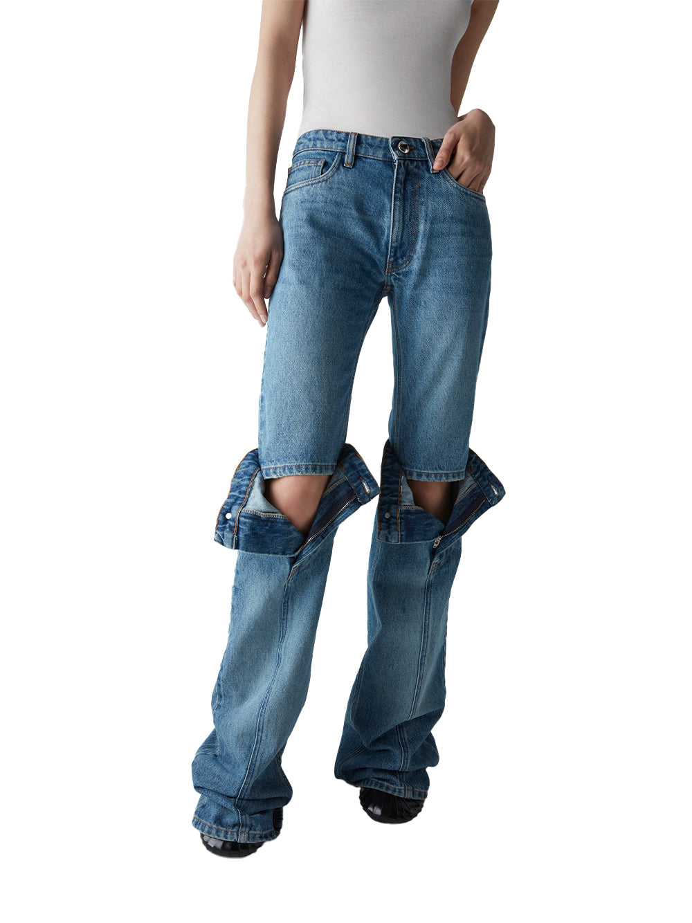 Open Knee Jeans Washed Blue