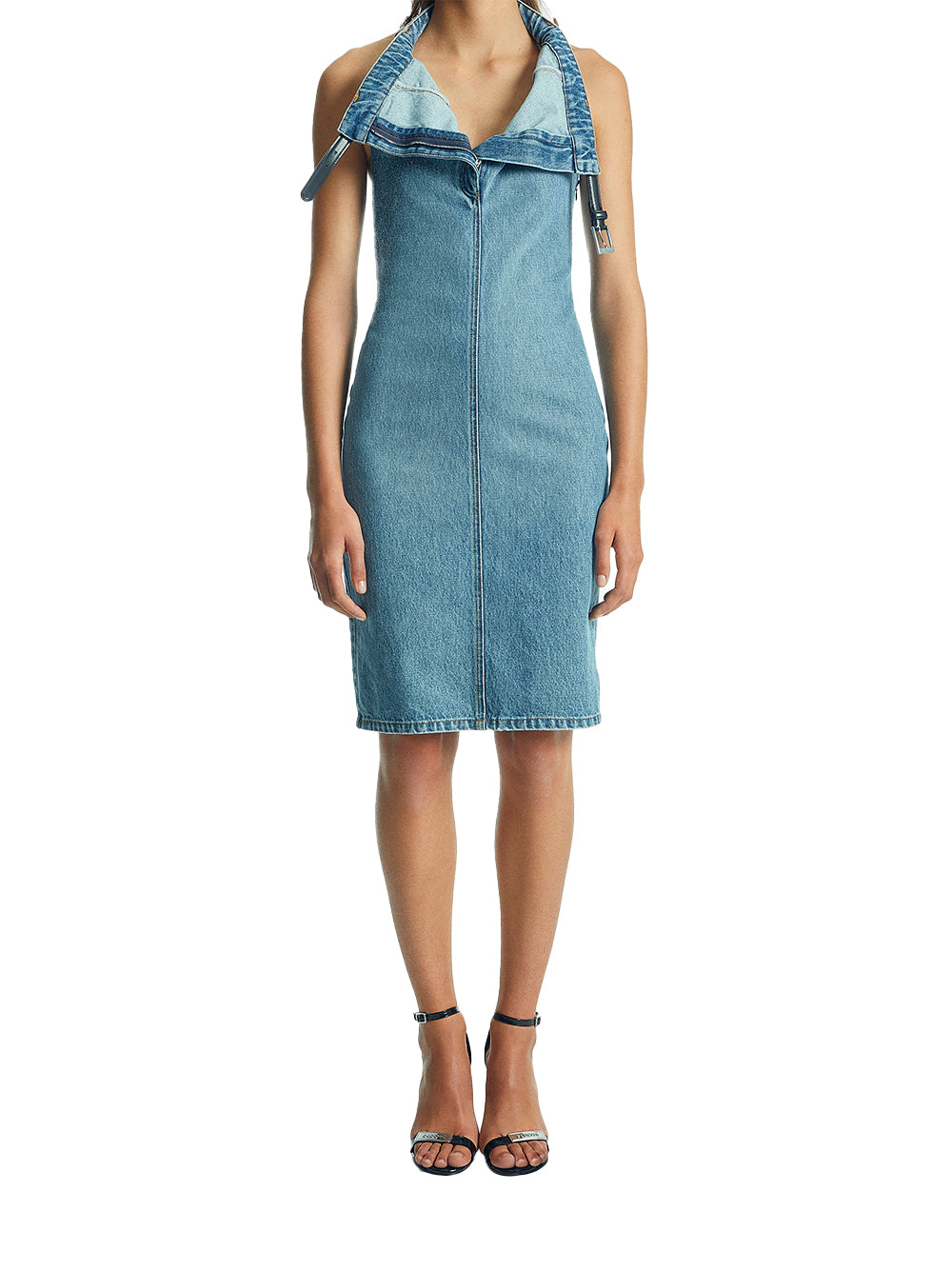 Belt Halter Neck Dress Washed Blue