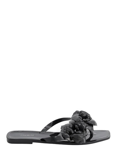 Silicone Flower Flat Sandals Black