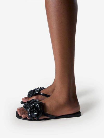 Silicone Flower Flat Sandals Black