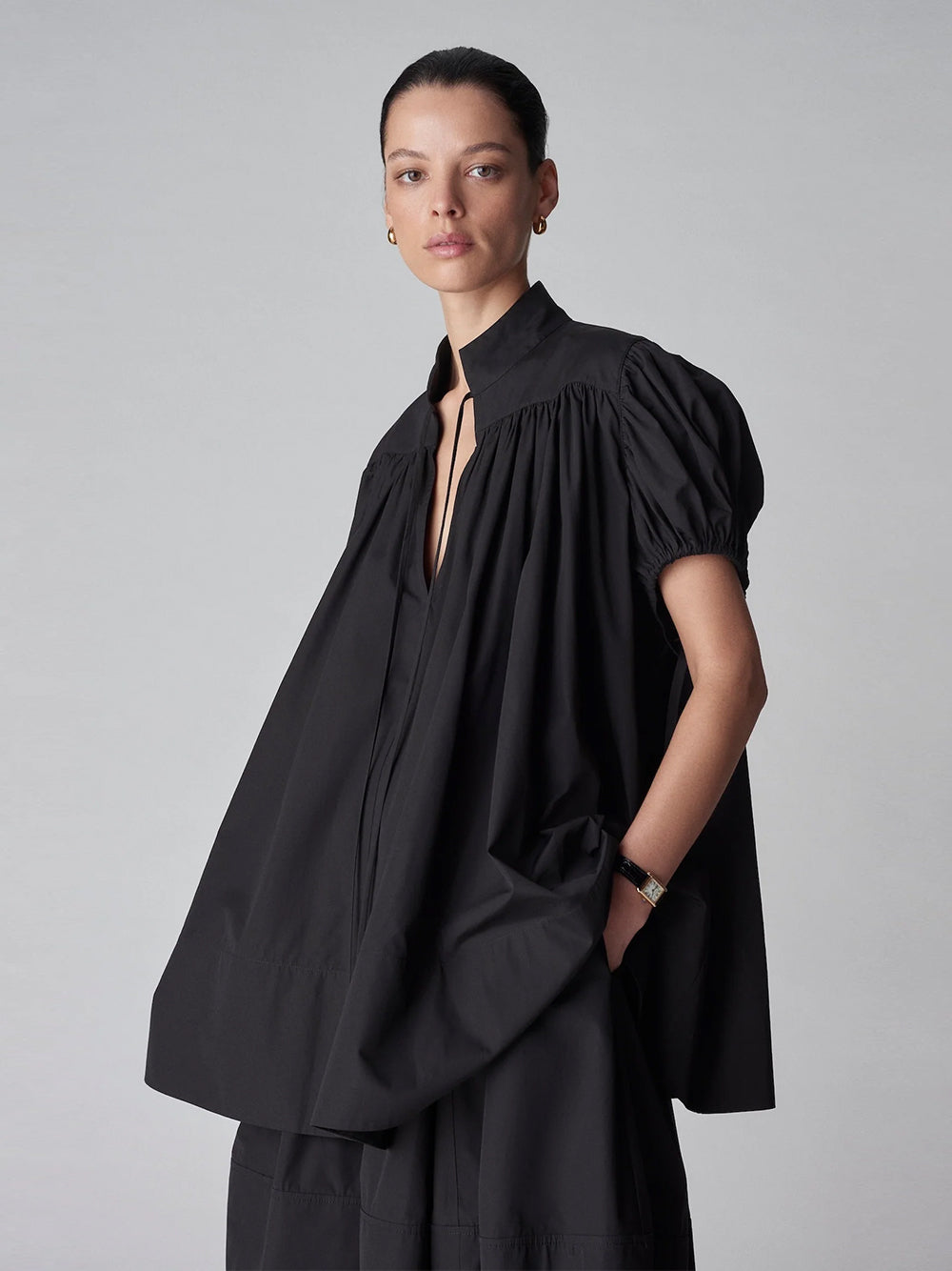 Puff Sleeve Gathered Tunic Shirt (Black)