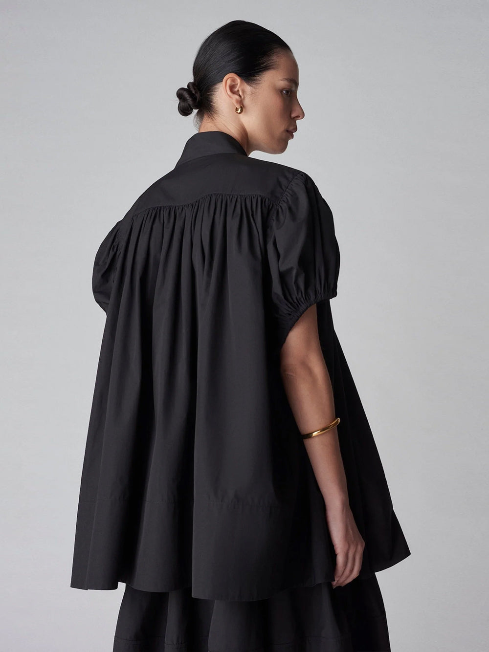 Puff Sleeve Gathered Tunic Shirt (Black)