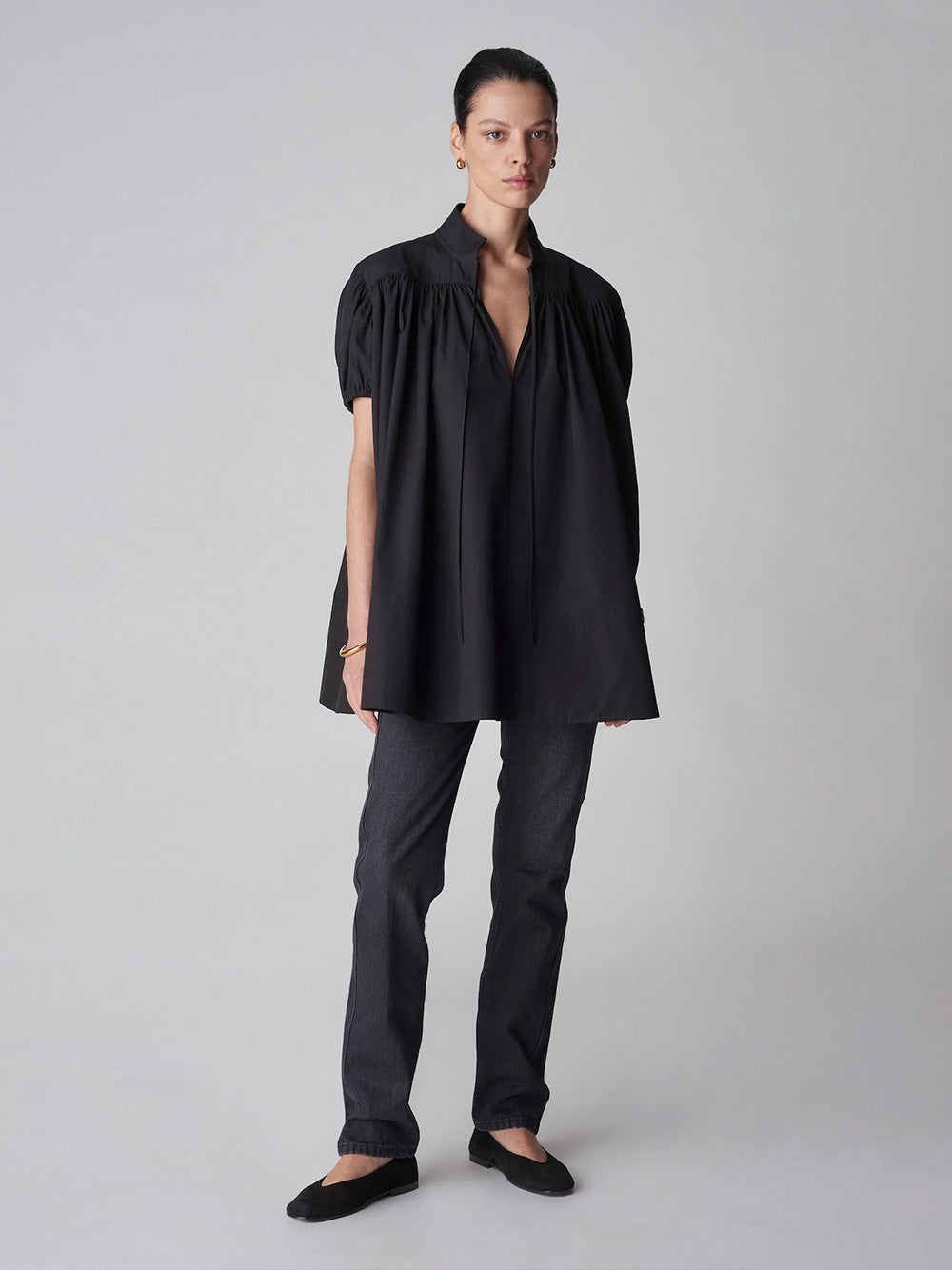 Puff Sleeve Gathered Tunic Shirt (Black)