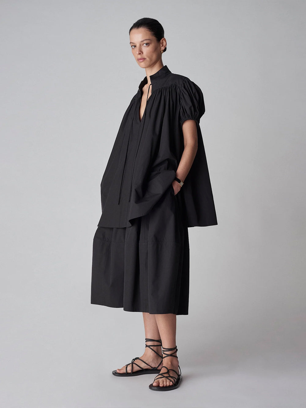 Puff Sleeve Gathered Tunic Shirt (Black)