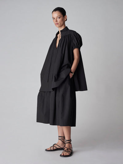 Puff Sleeve Gathered Tunic Shirt (Black)