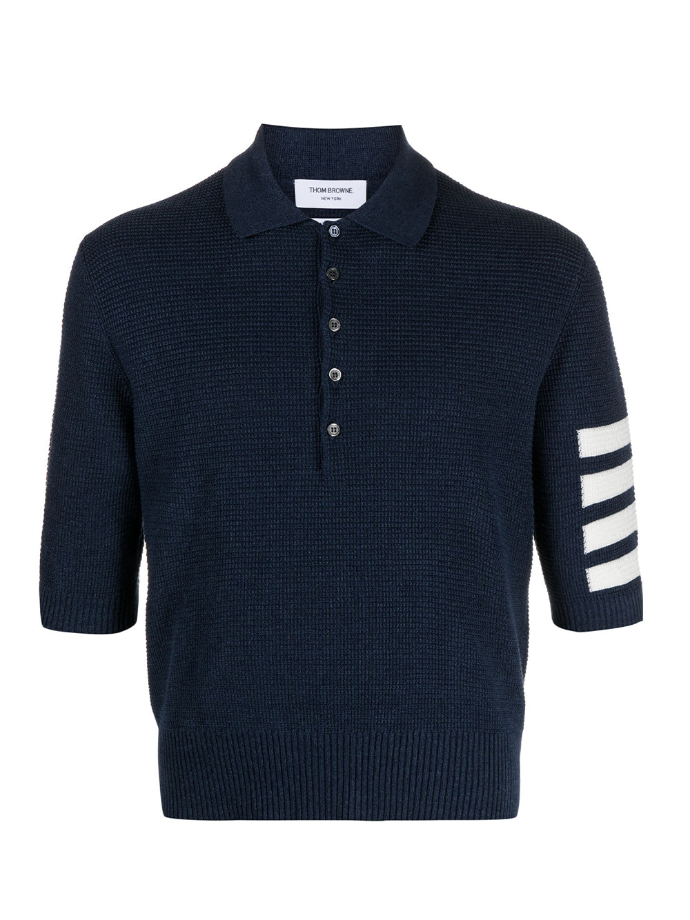 Cable Texture Overtwisted Cotton Stripe Framing Keyhole Polo (Navy)