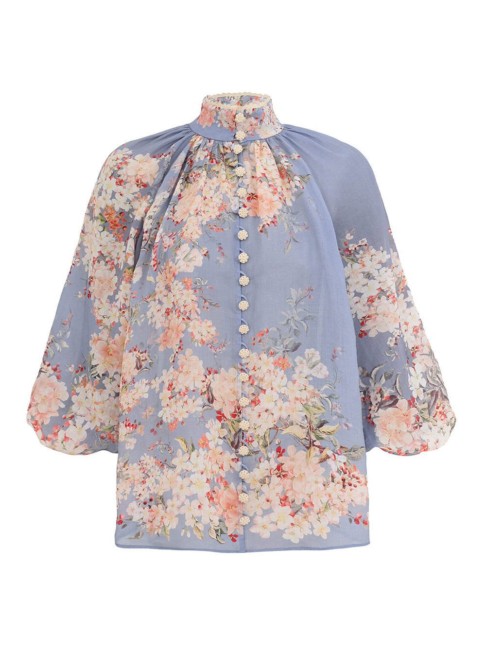 Cascadian Billow Blouse (Teal Blue Botanical Floral)