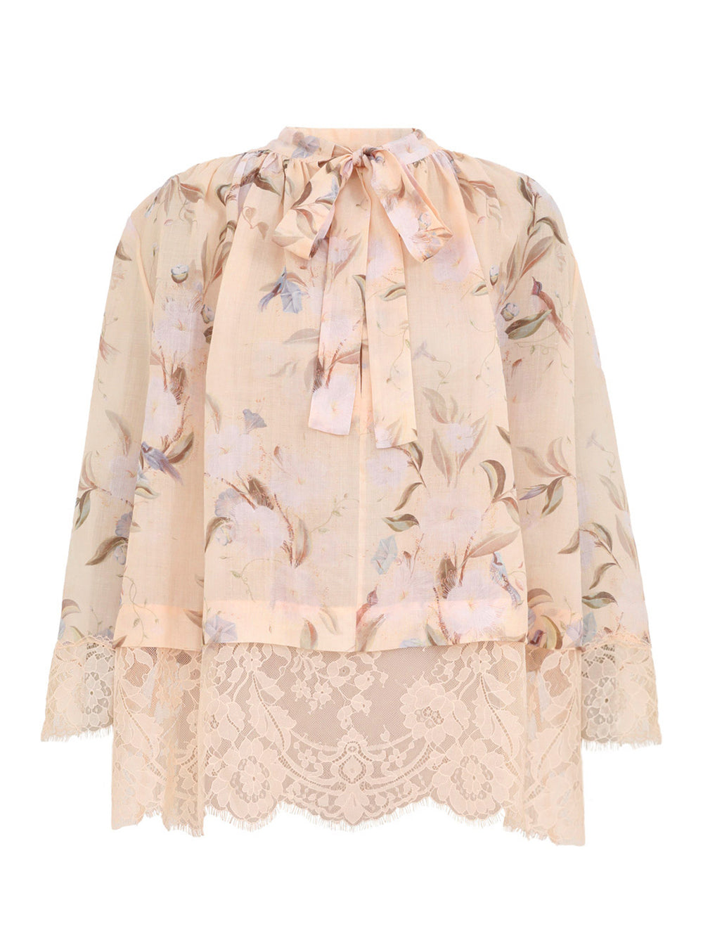 Cascadian Lace Tie Neck Blouse (Cream Botanical Floral)