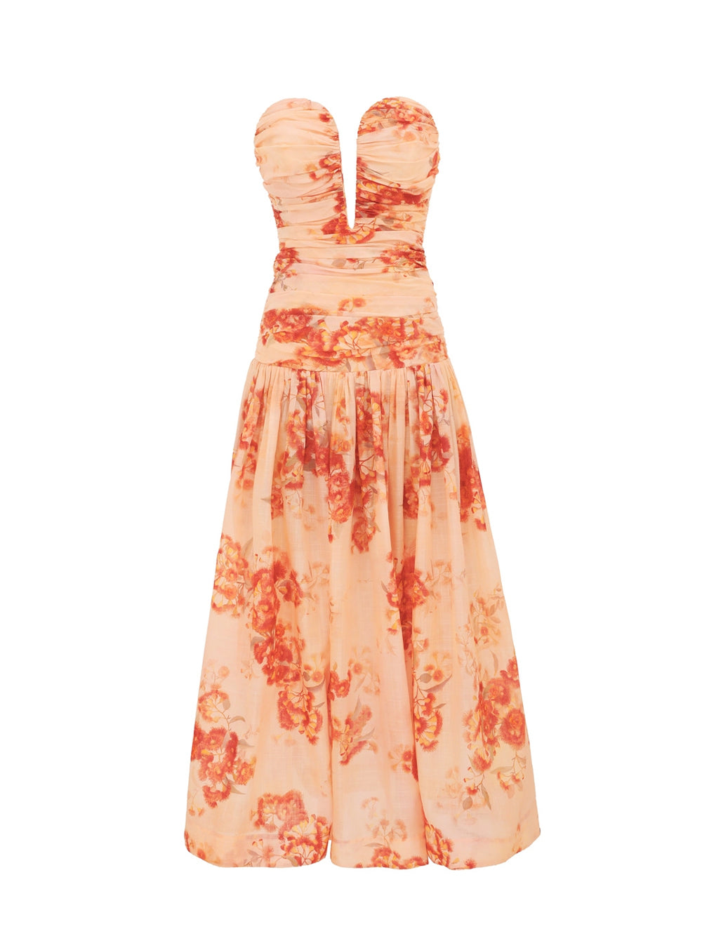 Cascadian Strapless Midi Dress (Red Botanical Floral)