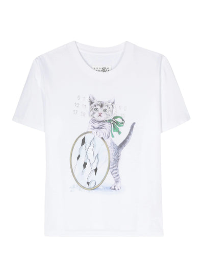 Cat and Glitter Print T-Shirt (White)