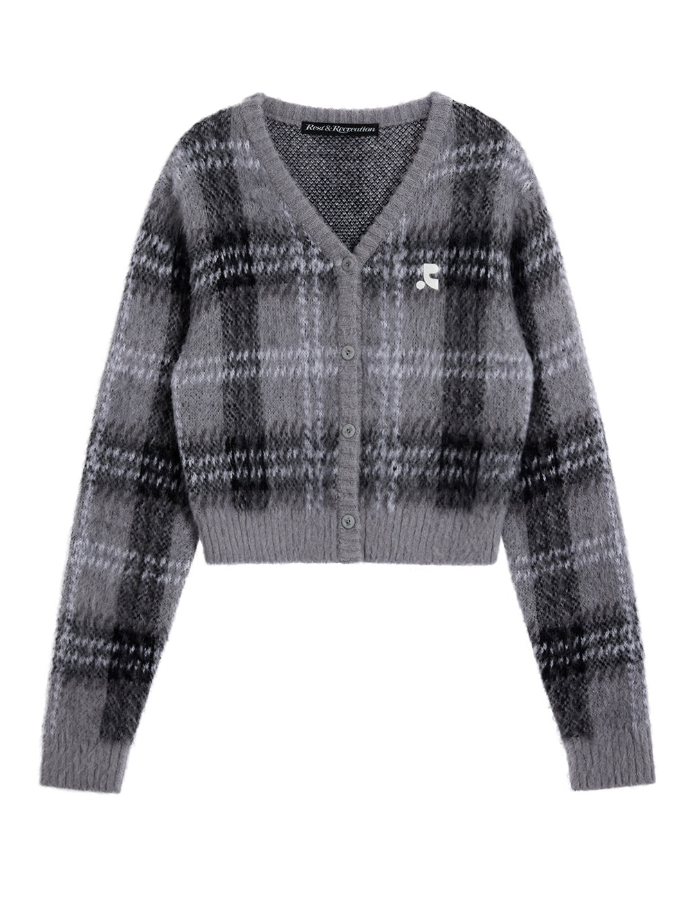 Check Pattern Hairy Knit Cardigan (Grey)