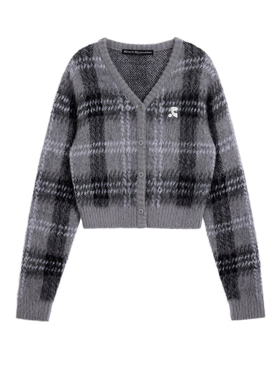 Check Pattern Hairy Knit Cardigan (Grey)