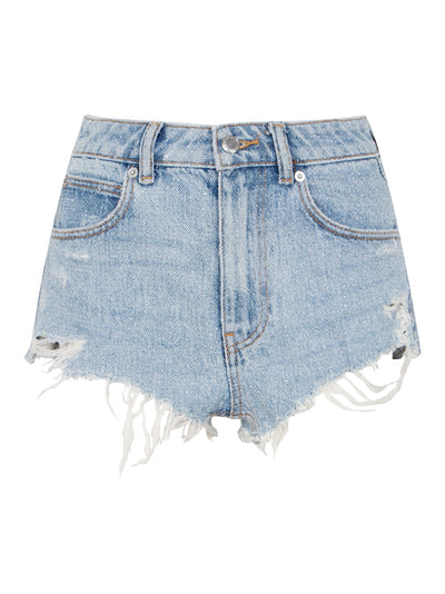 Clear Bead Hotfix Distressed Denim Shorts (Powder Blue)