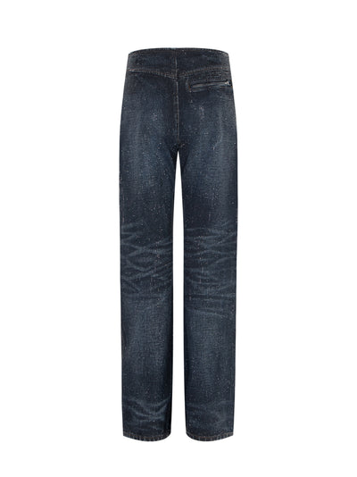Clear Crystal Hotfix Moto Pants (Black Crackle Indigo)