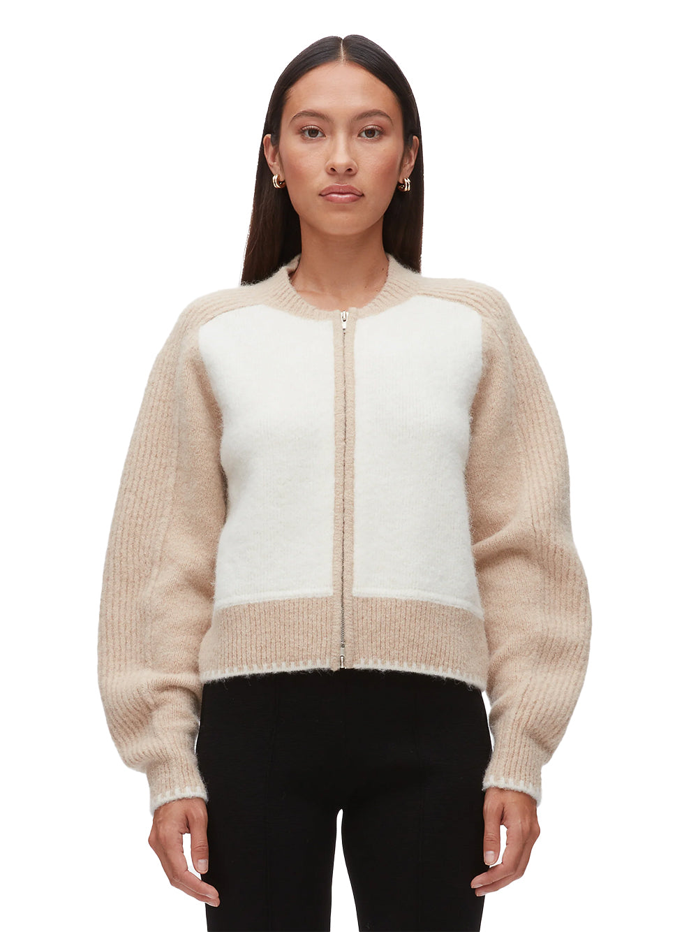 Colorblock Zip Cardigan (Ivory-Beige)