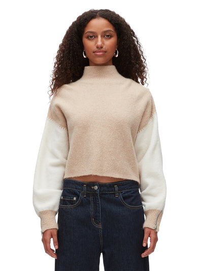 Colorblock Zip Sleeve Turtleneck (Ivory-Beige)
