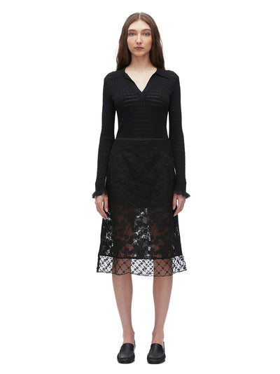 Corded Lace Organza Midi Skirt (Black)