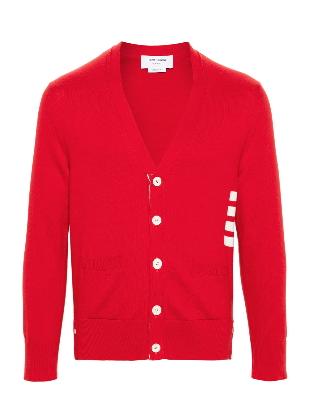 Cotton 4-Bar Relaxed Fit V Neck Cardigan (Red)