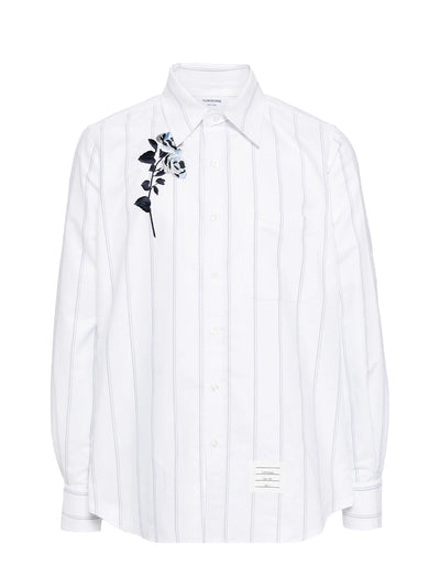 Cotton Rose Embroidered Striped Oxford Shirt (White)