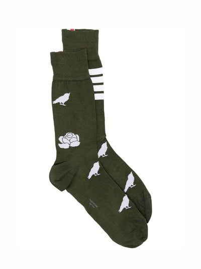 Cotton Rose and Raven 4-Bar mid Cuff Socks (Dark Green)