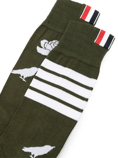 Cotton Rose and Raven 4-Bar mid Cuff Socks (Dark Green)
