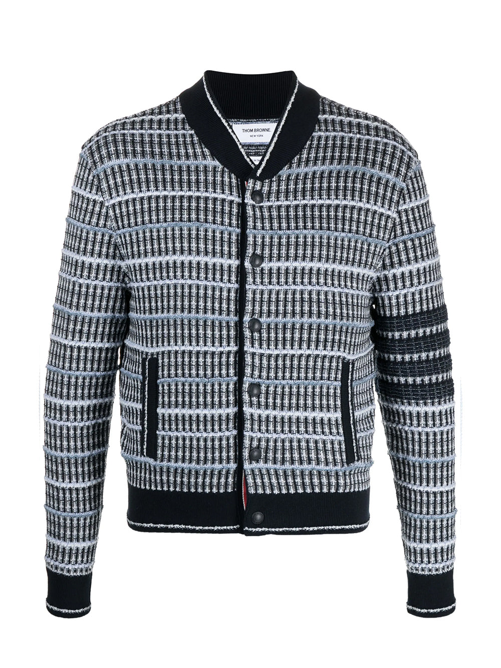 Cotton and Linen Tweed Jacquard 4-Bar Bomber Jacket (Navy)