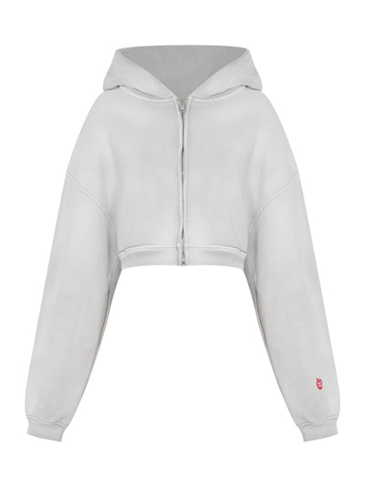 Crop Zip Up Hoodie in Classic Terry (Washed Smoke White)