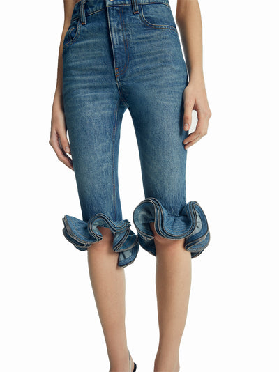 Cropped Ruffle Denim Pants (Blue)