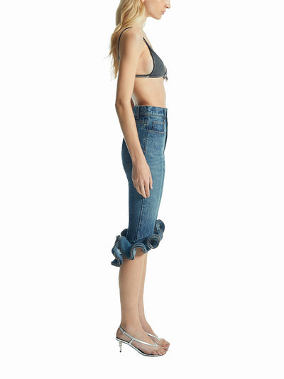 Cropped Ruffle Denim Pants (Blue)