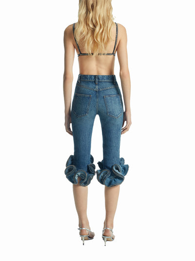 Cropped Ruffle Denim Pants (Blue)