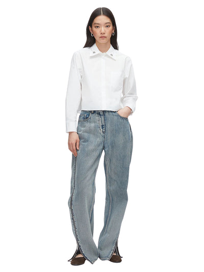 Cropped Shirt with Embroidered Collar (White)
