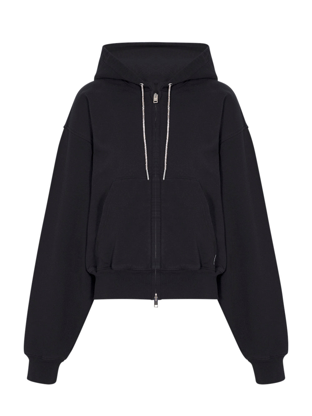 Cropped Zip-Up Hoodie with Crystal Hotfix Drawcord (Black)