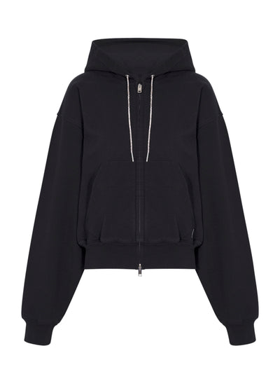 Cropped Zip-Up Hoodie with Crystal Hotfix Drawcord (Black)