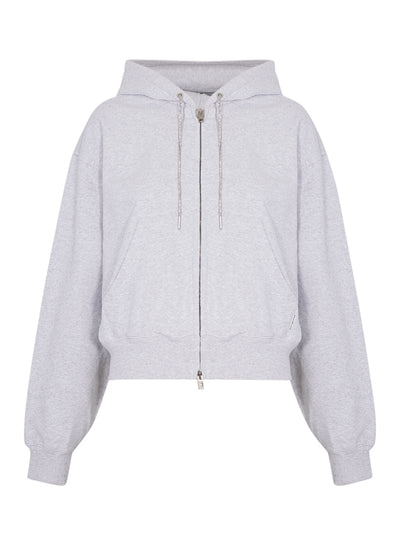 Cropped Zip-Up Hoodie with Crystal Hotfix Drawcord (Light Heather Grey)